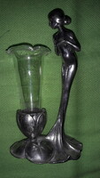 1960. Beautiful art deco silver-plated metal figure decorated small glass violet vase flawless according to pictures