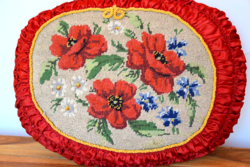 Antique old hand embroidered tapestry pillow decorative pillow with poppies needlework 55 x 43
