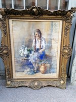 Copfos lány virágokkal nagyobb jelzett régi akvarell festmény