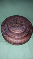Antique folk artist wooden richly carved scene marked round gift box - 18x10 cm as shown in pictures