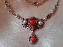 Antique silver necklace with red coral and pearls