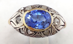 256T. Antik Art Deco Gyémánt 0,48Ct Kék zafír 1,5Ct 14k Arany 3.35g Gyűrű, Kövek Ezüst foglalatban
