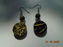 Greenish black earrings with hand-painted gold abstract patterns