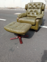Extra olive green stitched Scandinavian leather armchair and footrest