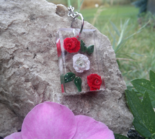 Red and white rose resin rectangle pendant