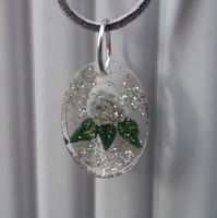 Silver rose resin oval pendant