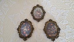 3 Pcs. Beautiful bronzed Italian metal picture frame with a print of flowers