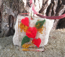 Red rose resin cube pendant with hearts