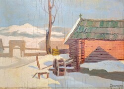 Szemenyey Ferenc (1894-1990): Falusi templom a téli tájban - régi olajfestmény