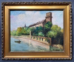 Boathouse - old oil painting in frame - marked Fehérváry