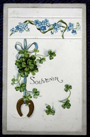 Antique embossed litho greeting card gold horseshoe 4-leaf clover forget-me-not
