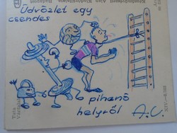 D197997 postcard Tata castle walls - humorous drawing from the training camp 1959