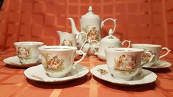 Régi 4 személyes, barokk, jelenetes, aranyozott, tollazott Lengyel porcelan teáskészlet