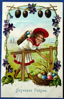 Antik dombornyomott Húsvéti üdvözlő képeslap kisleány tojás ibolya