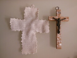 Crucifix + hand crocheted cross - Christmas tree decoration - old - Austrian - flawless