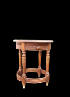 Small, low, old, round wooden table, drawers.