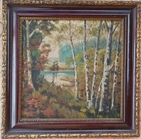 Birch trees - antique painting (oil / canvas)