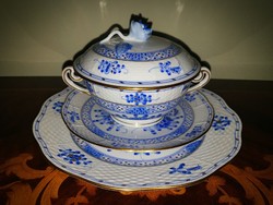 Herendi kék Waldstein leveses csésze + alj + tető + tányér
