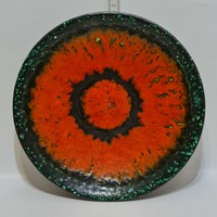 Bodrogkeresztúr green, black glazed, red glazed band, ceramic wall plate with label (2756)