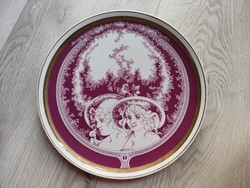 Gyönyörű hollóházi Jurcsák László falitányér kalapos kishölgyekkel nagyméretű hibátlan porcelán tál