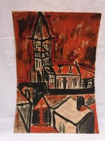 " Vörös templom " karton - tempera festmény