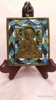 Antik Orosz Bronz,körben zománcozott ikon,Szent Miklós