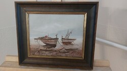 (K) signed beach with small boats painting 33x28 cm with frame