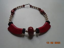 Art deco red and black unique ceramic beads and teal beads necklaces
