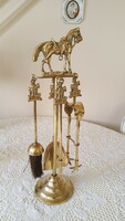 Horse and rider figure, vintage brass fireplace cleaning set 50 cm.