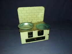 Antique sheet metal factory plate metal baby room toy stove with dishes 15 x 10 x 17 cm as shown in the pictures