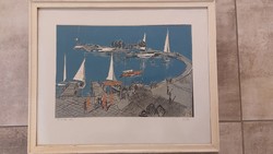 (K) József Litkei sailing linocut (Tihany harbor?) 63X43 cm with frame