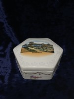 Old hexagonal porcelain souvenir box, bonbonier with a view of the Budapest Chain Bridge c