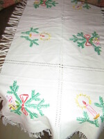 Beautiful antique hand embroidered azure Christmas fringed edge runner