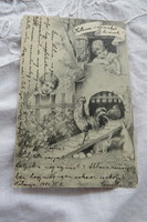 Antique monochrome postcard with long address, Easter, children, rooster, bunny 1904