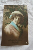 Antik kézzel színezett, karácsonyi fotólap/képeslap hölgy 1916