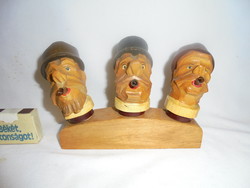Carved wooden, human-headed bottle stopper + pouring set - three pieces