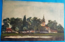 Béla Tilles: village landscape with church watercolor