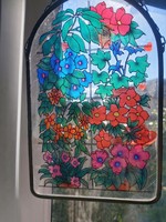 Virágos, ónkeretes üveg ablakdísz 29 cm magas