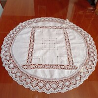 Antique white tablecloth decorated with lace, 62 cm in diameter