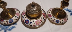 A pair of hand-painted porcelain inkstands and candlesticks with metal fittings