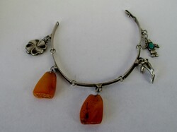Beautiful antique Russian silver bracelet with amber, turquoise stones and silver ornaments