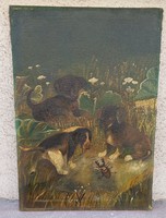 Old marked oil on canvas painting, puppies
