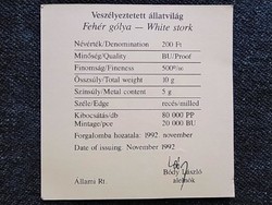 Fehér gólya ezüst 200 Forint 1992 tanúsítványa (id58823)