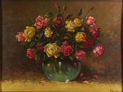 1O315 XX. századi festő : Rózsás asztali csendélet