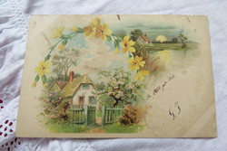 Antique long address litho/lithographic postcard flower, cottage, moon 1900