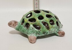 Barna, zöld mázas ikebana, teknős kerámia virágtartó (2773)