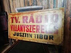 TV rádió villanyszerelés tábla, reklámtábla 1960-as 70-es évek, festett tábla, fém kétoldalas cégér