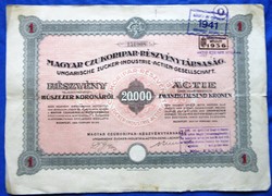 Hungarian czukoripar joint stock company shares from 20,000 crowns, 1924 Budapest
