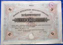 Nemzeti Hitelintézet Részvénytársaság egy részvény tíz pengő Budapest 1926