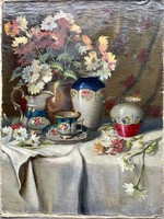 Romek Árpád still life with porcelain and flowers